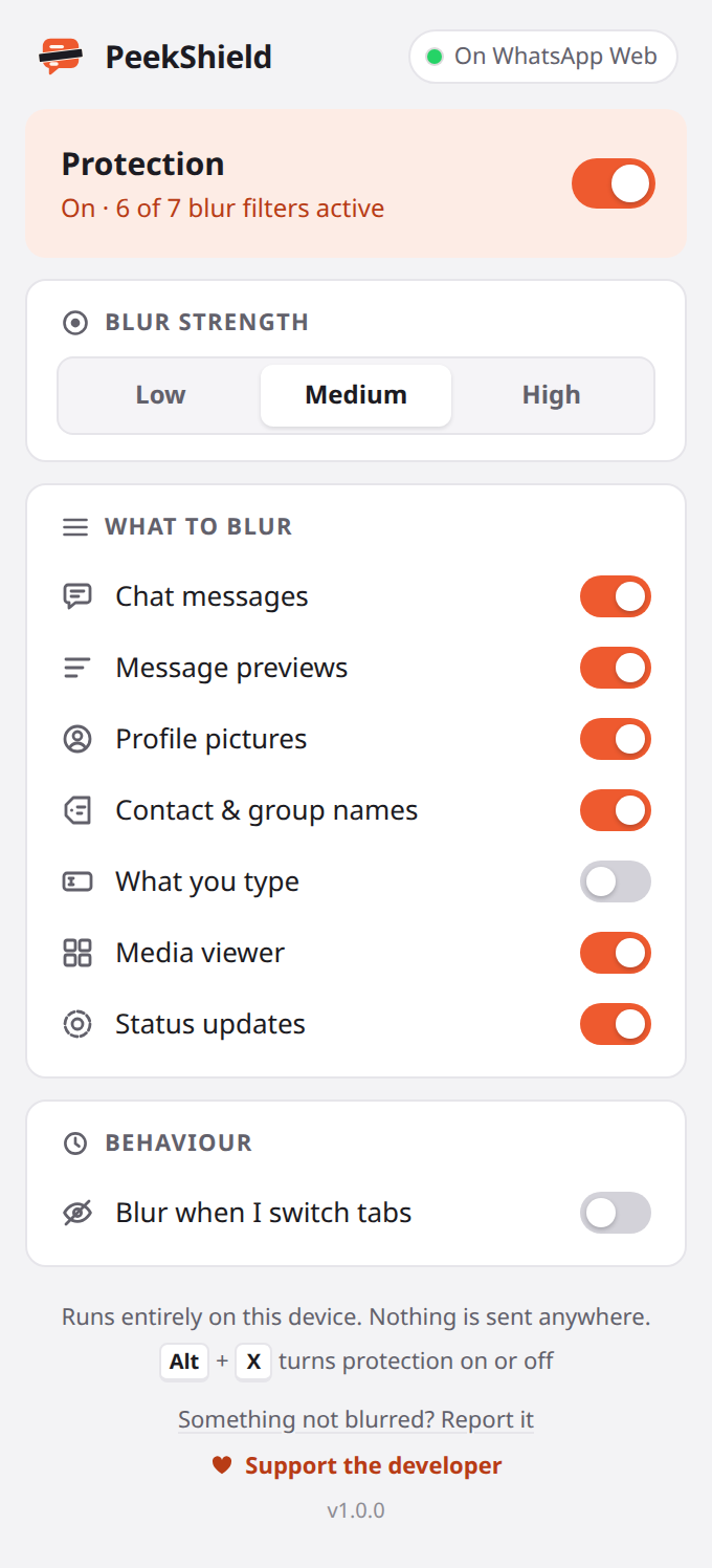 The PeekShield popup on WhatsApp Web: a Protection switch, blur strength (Low, Medium, High), switches for chat messages, message previews, profile pictures, names, what you type, media viewer and status updates, and a Blur when I switch tabs option.